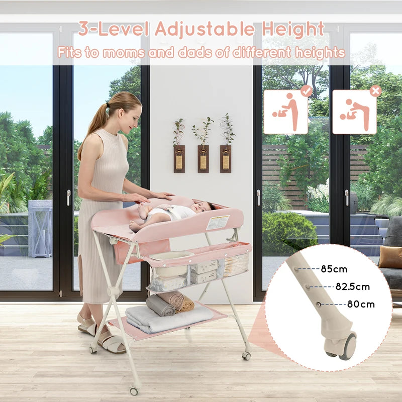 Foldable Diaper Changing Station, Height Adjustable Changing Table with Lockable Wheels-Pink