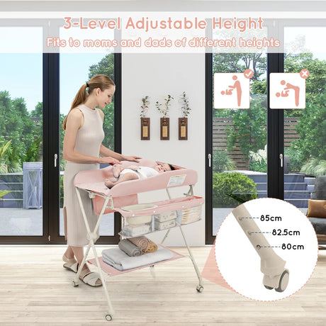 Foldable Diaper Changing Station, Height Adjustable Changing Table with Lockable Wheels-Pink