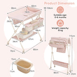 Foldable Diaper Changing Station, Height Adjustable Changing Table with Lockable Wheels-Pink