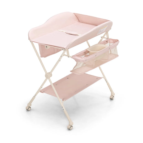 Foldable Diaper Changing Station, Height Adjustable Changing Table with Lockable Wheels-Pink