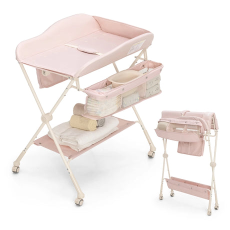 Foldable Diaper Changing Station, Height Adjustable Changing Table with Lockable Wheels-Pink
