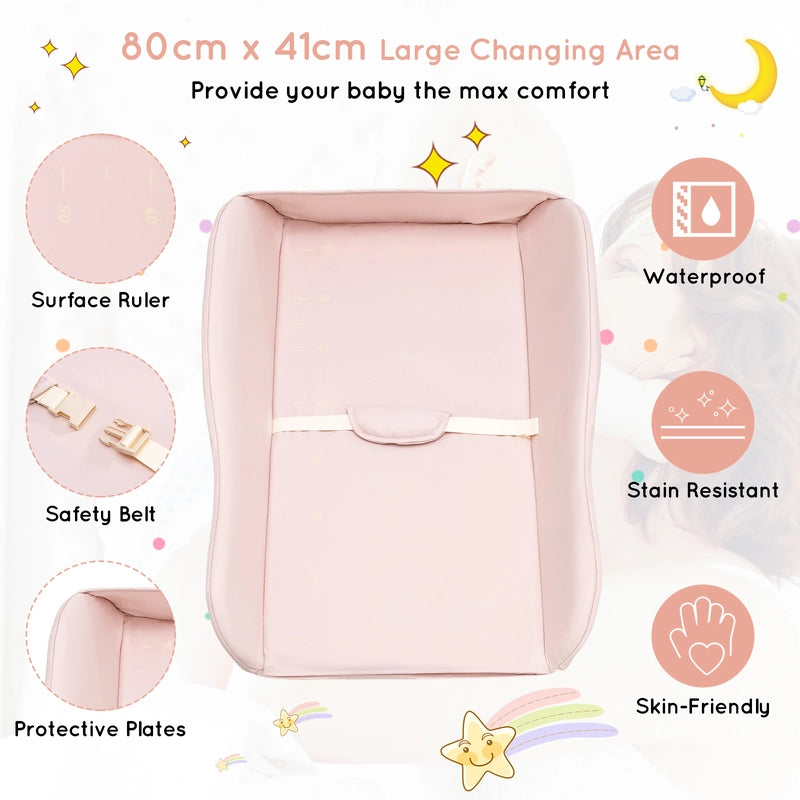 Foldable Diaper Changing Station, Height Adjustable Changing Table with Lockable Wheels-Pink