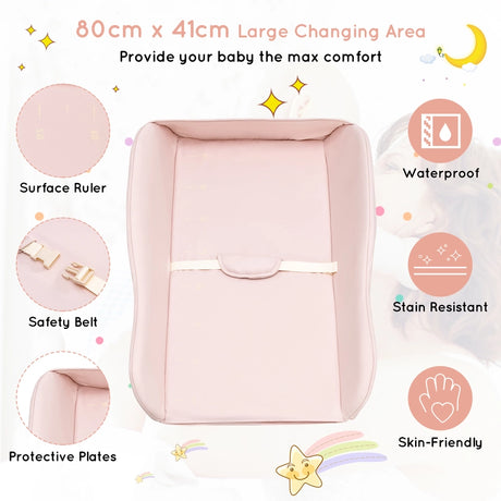 Foldable Diaper Changing Station, Height Adjustable Changing Table with Lockable Wheels-Pink