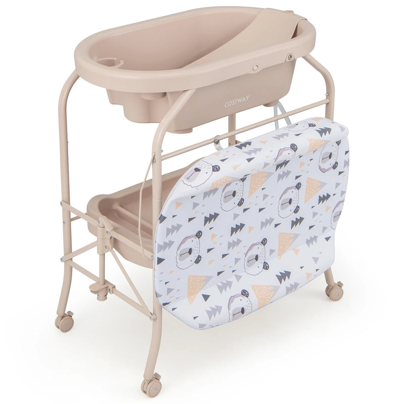 2-in-1 Baby Change Table with Bathtub and Folding Changing Station-Beige
