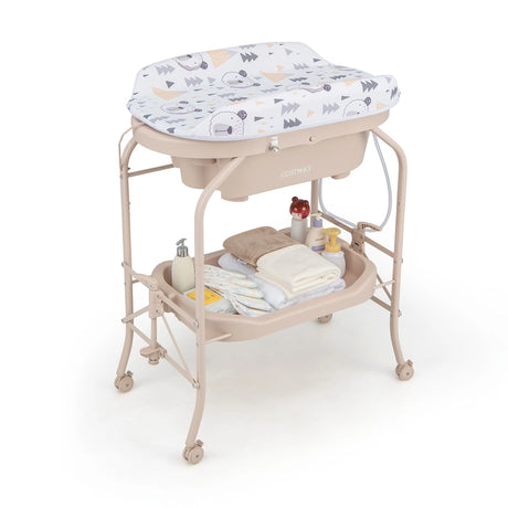 2-in-1 Baby Change Table with Bathtub and Folding Changing Station-Beige