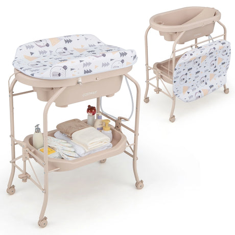 2-in-1 Baby Change Table with Bathtub and Folding Changing Station-Beige