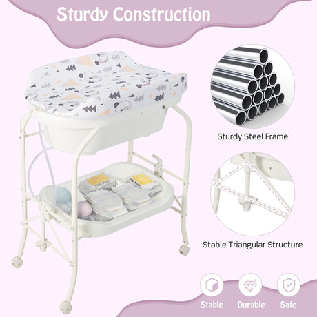 2-in-1 Baby Change Table with Bathtub and Folding Changing Station-White