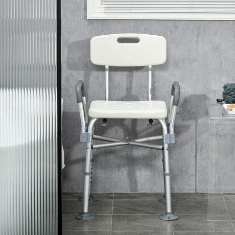 HOMCOM Aluminium Shower Chair with Backs and Arms, Height Adjustable Shower Seat with Removable Padded Cushion, Bath Stool for Seniors, Disabled, Pregnant, White