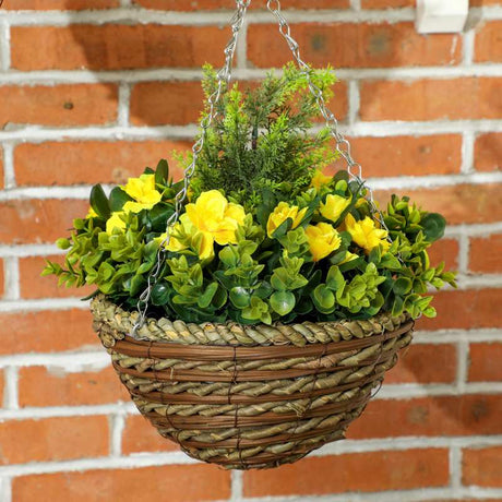 Outsunny Pack of 2 Faux Plant Artificial Lisianthus Flowers Hanging Planter with Basket for Indoor Outdoor Decoration, Yellow