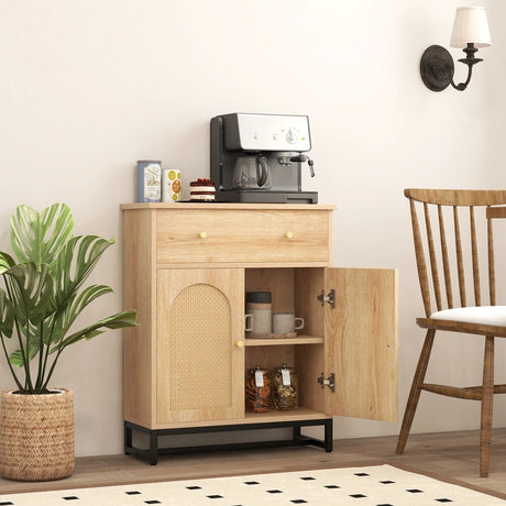 Accent Floor Storage Cabinet with Rattan Doors and Drawer-Natural