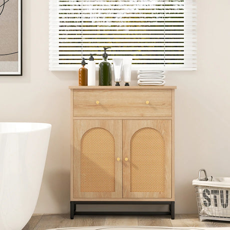 Accent Floor Storage Cabinet with Rattan Doors and Drawer-Natural