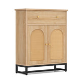 Accent Floor Storage Cabinet with Rattan Doors and Drawer-Natural