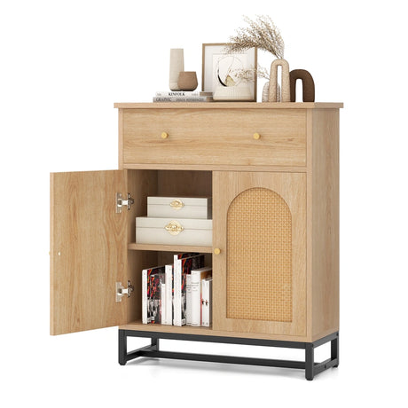 Accent Floor Storage Cabinet with Rattan Doors and Drawer-Natural