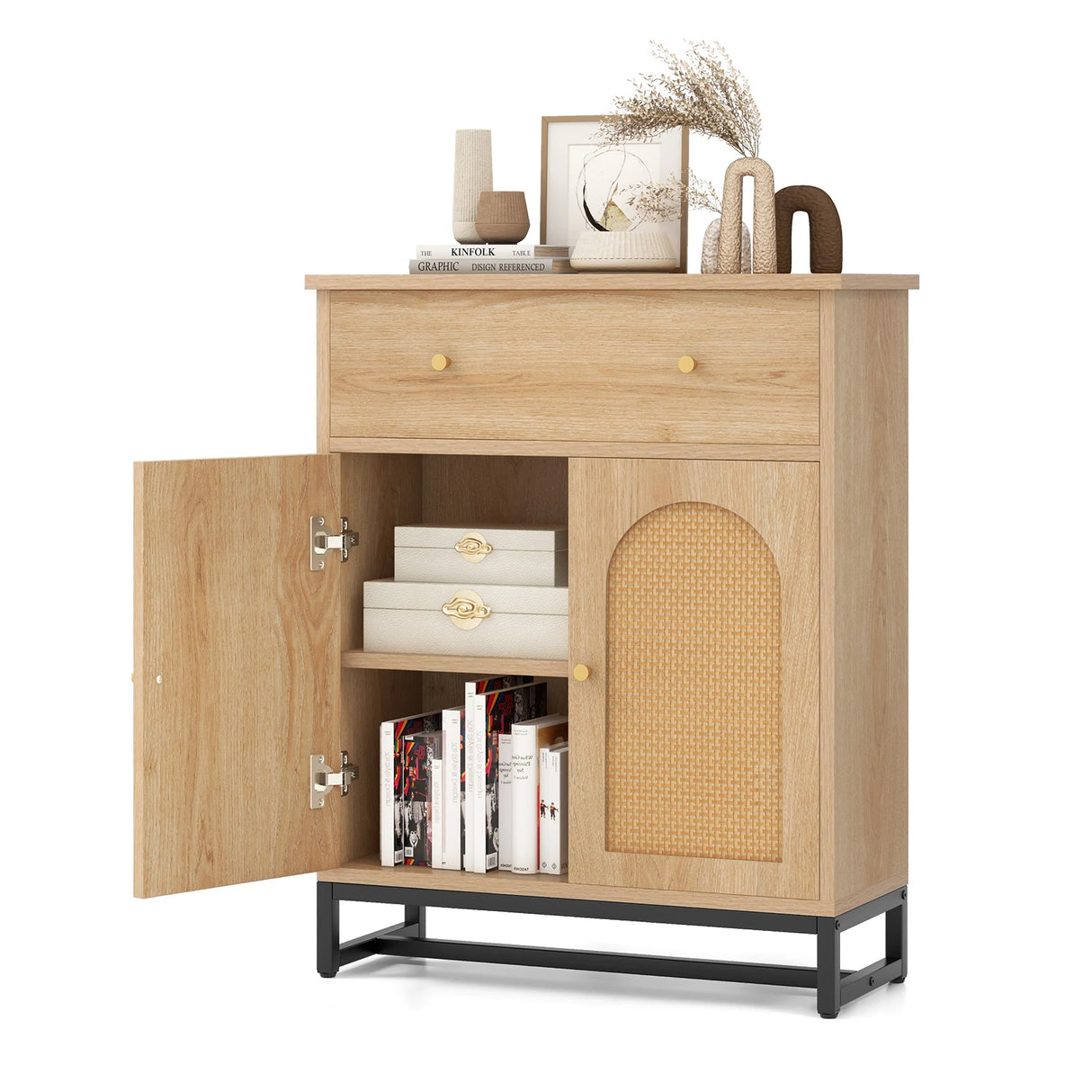 Accent Floor Storage Cabinet with Rattan Doors and Drawer-Natural