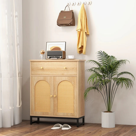 Accent Floor Storage Cabinet with Rattan Doors and Drawer-Natural