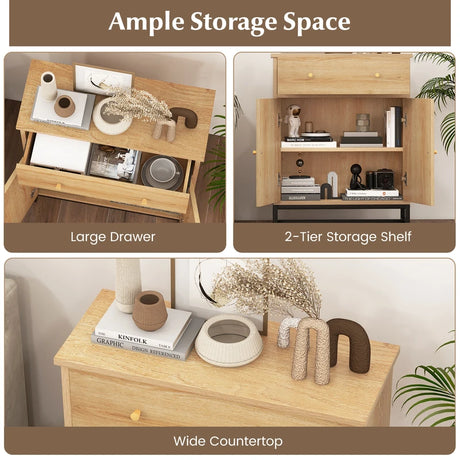 Accent Floor Storage Cabinet with Rattan Doors and Drawer-Natural