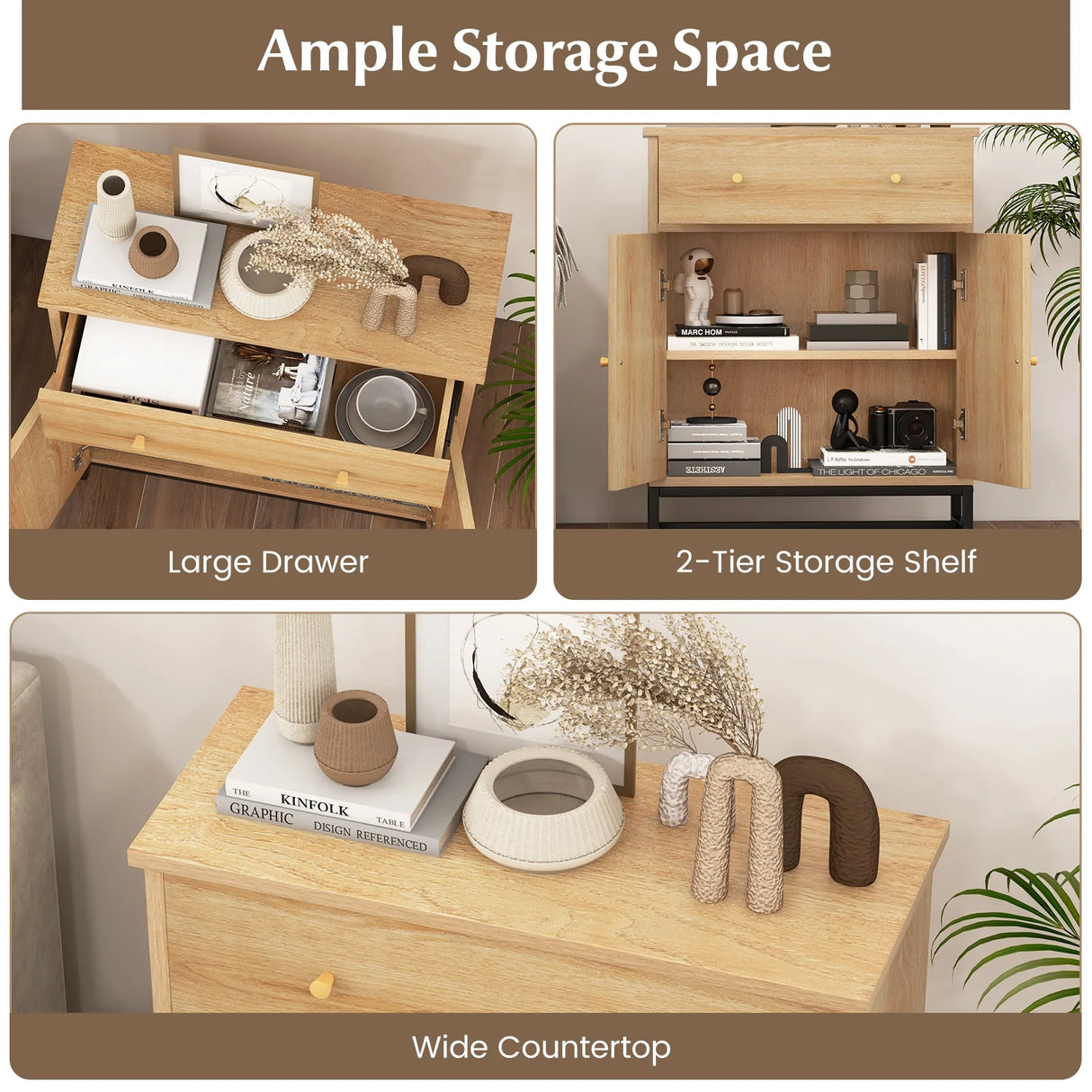 Accent Floor Storage Cabinet with Rattan Doors and Drawer-Natural