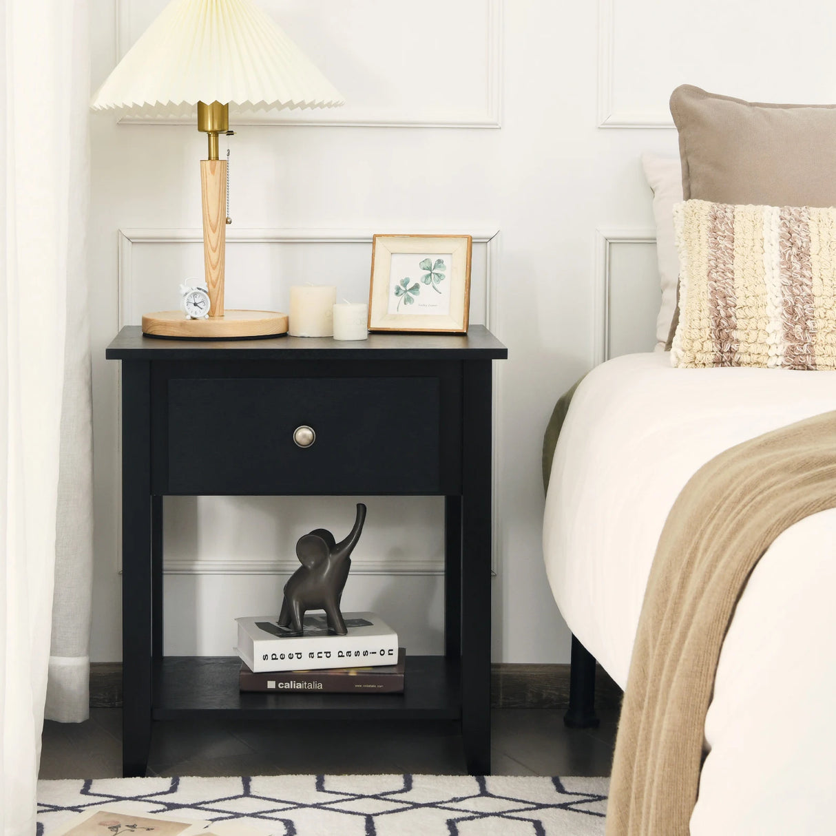 Bedside Tables with Drawer and Storing Shelf for Bedroom/Living Room/Bathroom/Office-Black-1 piece