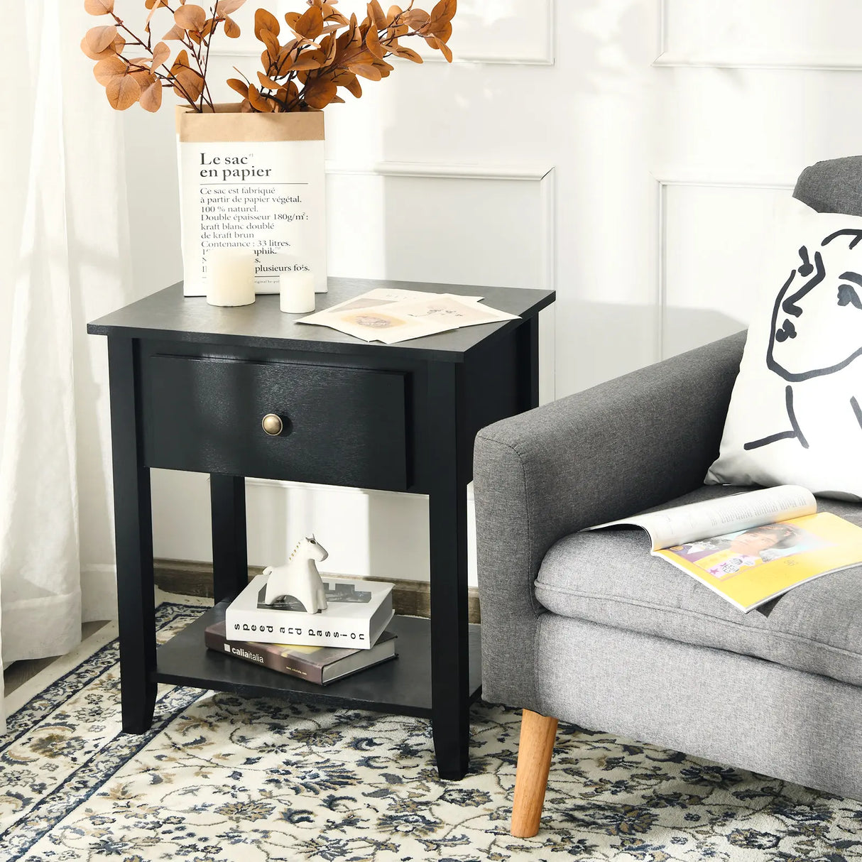 Bedside Tables with Drawer and Storing Shelf for Bedroom/Living Room/Bathroom/Office-Black-1 piece
