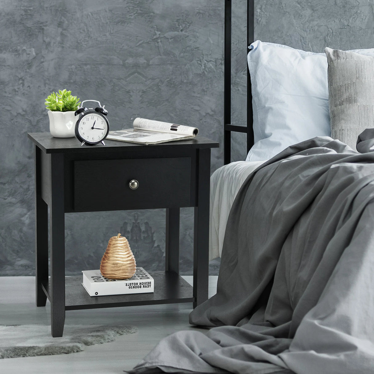 Bedside Tables with Drawer and Storing Shelf for Bedroom/Living Room/Bathroom/Office-Black-1 piece