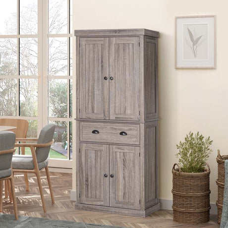 HOMCOM Freestanding Kitchen Cupboard, 184cm Tall Storage Cabinet with Doors and Shelves, Traditional Colonial 4-Door Kitchen Pantry Cupboard with Drawer, Dark Wood Grain