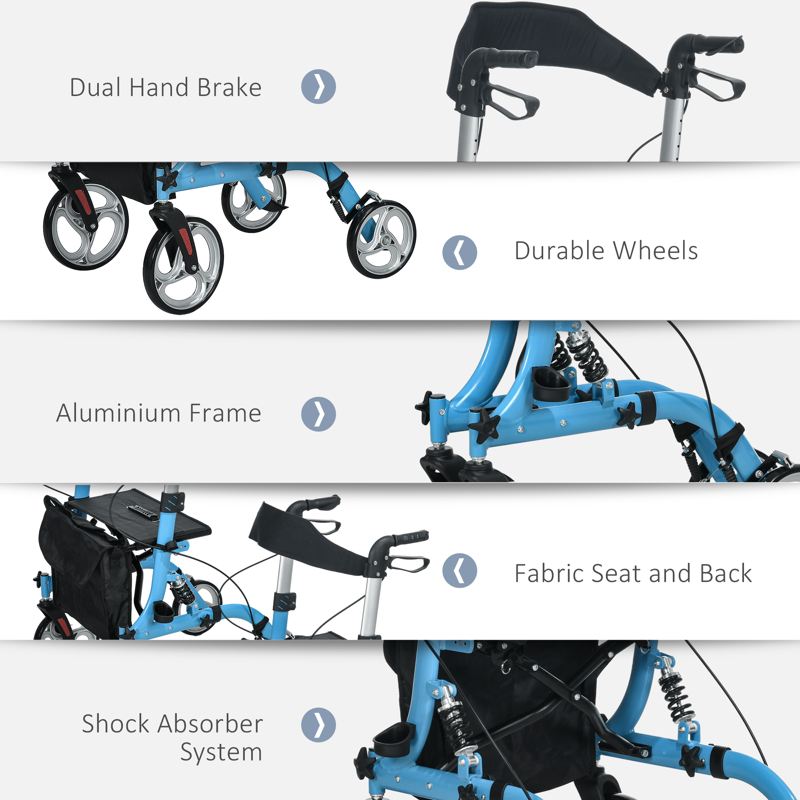 HOMCOM 4 Wheel Rollator with Seat and Back, Lightweight Folding Mobility Walker with Large Wheels, Carry Bag, Adjustable Height, Aluminium Walking Frame with Dual Brakes for Seniors, Blue