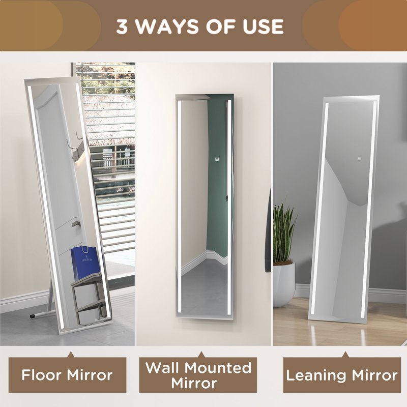 HOMCOM Full Length Dressing Mirror, LED Lighted Wall Mirror for Bedroom, Adjustable Brightness and 3 Colours, White