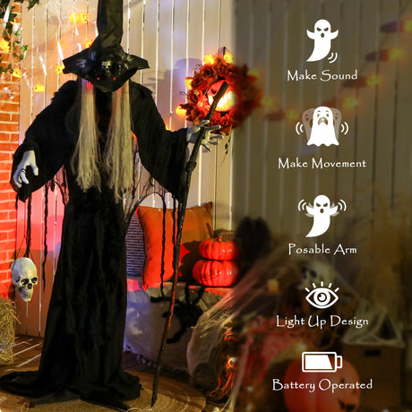 Outsunny 170 cm Life Size Halloween Animated Standing Witch & Staff with Glowing LED Eyes, Spooky Witch Scary Halloween Decorations, Battery Operated, Indoor Party Props