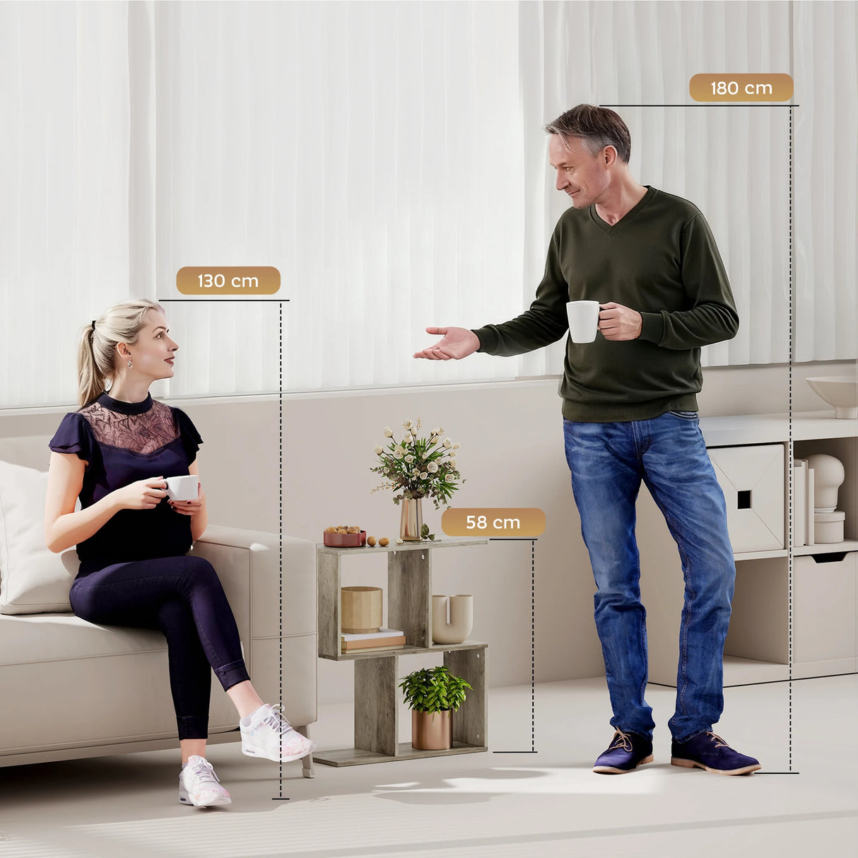 HOMCOM Side Table, Narrow End Table with Storage Shelves, S-Shaped, 3-Tier, 50W x 19.5D x 58H cm, Grey