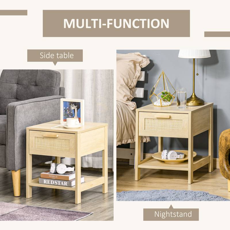 HOMCOM Bedside Table, Nightstand with Rattan Drawer and Storage Open Shelf, Farmhouse Side Table for Bedroom, Living Room, Set of 2