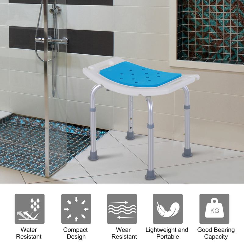 HOMCOM 6-Level Height Adjustable Aluminium Bath Room Stool Chair Shower Non-Slip Design w/ Padded Seat Drainage Holes Foot Pad, Blue