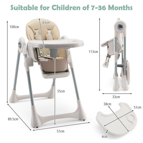Foldable Convertible Baby High Chair with Adjustable Height and Removable Tray-Beige