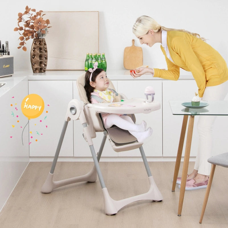 Foldable Convertible Baby High Chair with Adjustable Height and Removable Tray-Beige