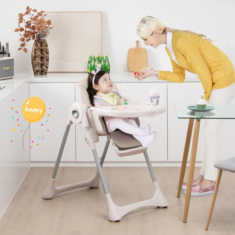Foldable Convertible Baby High Chair with Adjustable Height and Removable Tray-Beige