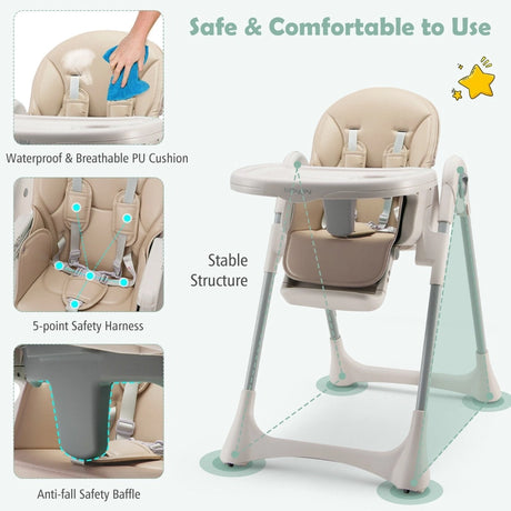 Foldable Convertible Baby High Chair with Adjustable Height and Removable Tray-Beige
