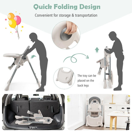 Foldable Convertible Baby High Chair with Adjustable Height and Removable Tray-Grey
