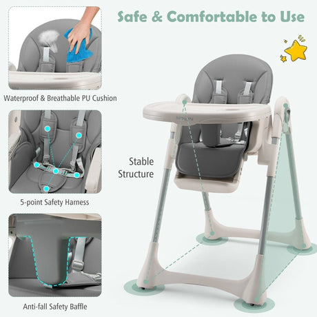 Foldable Convertible Baby High Chair with Adjustable Height and Removable Tray-Grey