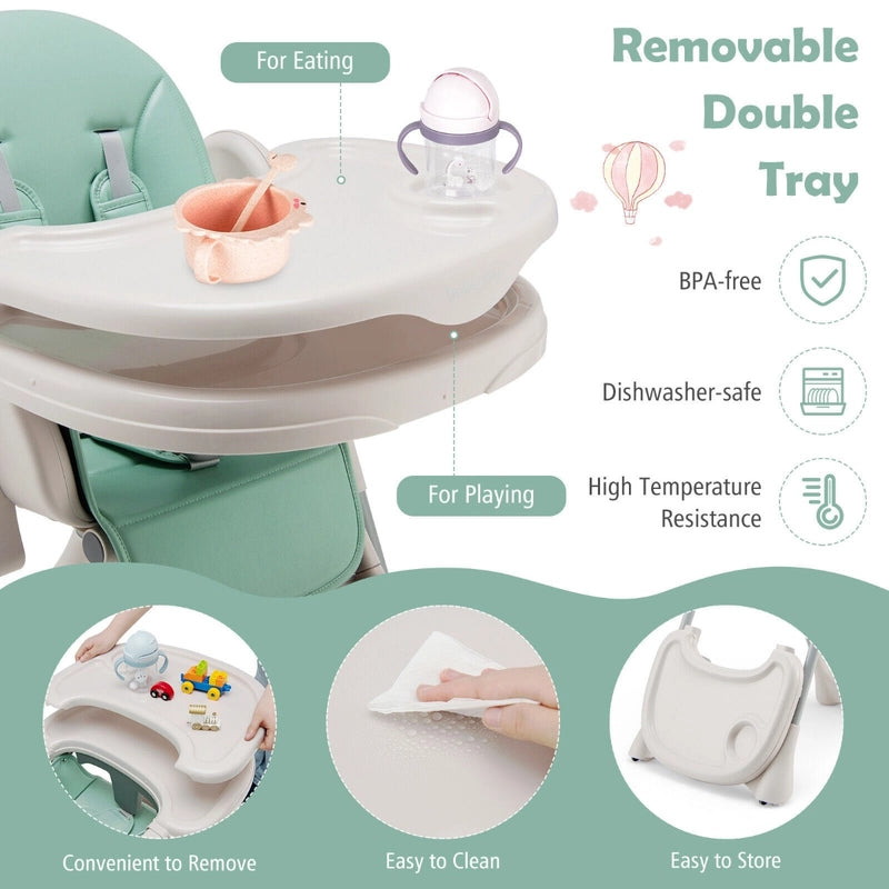 Foldable Convertible Baby High Chair with Adjustable Height and Removable Tray-Green