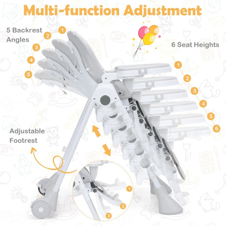 Height Adjustable Folding Highchair for Baby Toddler-Grey