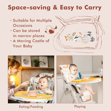 Adjustable Cartoon Patterned Baby High Chair with 3 Recline Positions