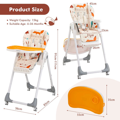 Adjustable Cartoon Patterned Baby High Chair with 3 Recline Positions