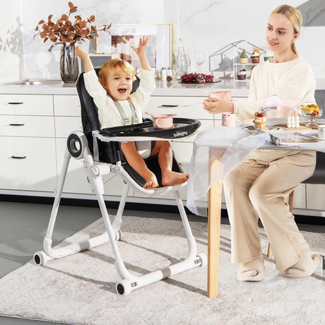 Baby High Foldable Feed Chair with 4 Lockable Wheels for Kitchen-Black