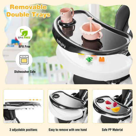 Baby High Foldable Feed Chair with 4 Lockable Wheels for Kitchen-Black