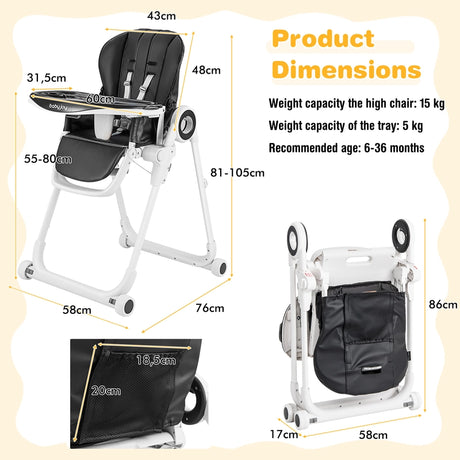 Baby High Foldable Feed Chair with 4 Lockable Wheels for Kitchen-Black