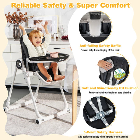 Baby High Foldable Feed Chair with 4 Lockable Wheels for Kitchen-Black