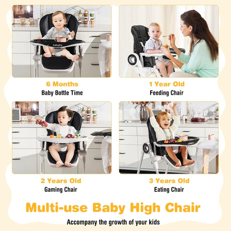 Baby High Foldable Feed Chair with 4 Lockable Wheels for Kitchen-Black