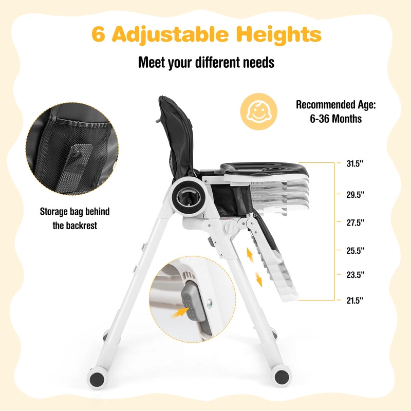 Baby High Foldable Feed Chair with 4 Lockable Wheels for Kitchen-Black
