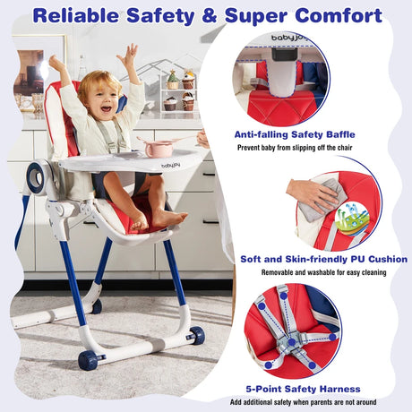 Baby High Chair Foldable Feeding Chair with 4 Lockable Wheels-Red