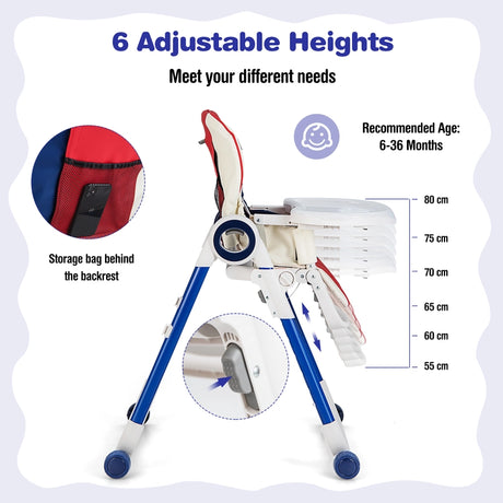 Baby High Chair Foldable Feeding Chair with 4 Lockable Wheels-Red