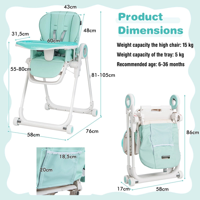 Baby High Chair Foldable Feeding Chair with 4 Lockable Wheels-Green